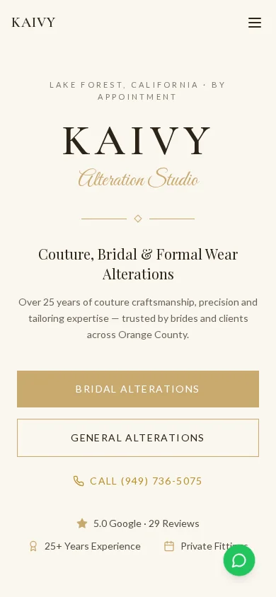 Kaivy Alteration Studio website on a mobile phone, with full-width service buttons and a call link