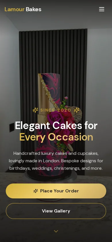 Lamour Bakes website on a mobile phone, with full-width Place Your Order and View Gallery buttons