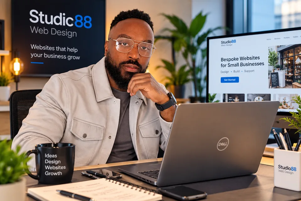 Studio88 Web Design founder working on a small business website using a Dell laptop